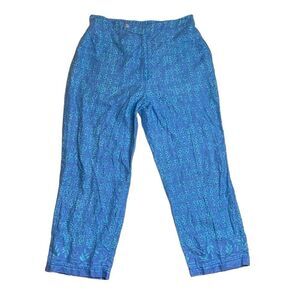 90s Vintage High Waisted Blue Geometric Print Linen Pants Size 12 Sigrid Olsen